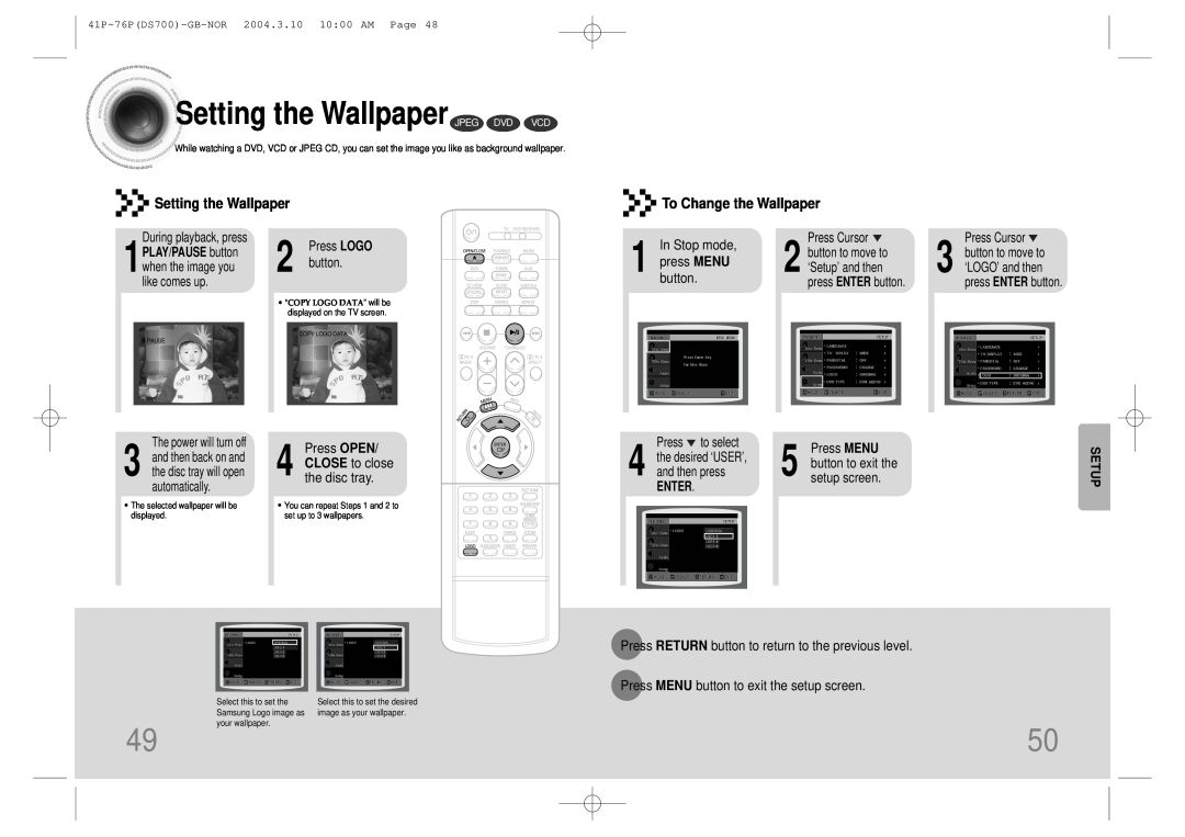 Samsung HTDS900RH/EDC Setting the Wallpaper JPEG DVD VCD, To Change the Wallpaper, press MENU, button, Press MENU, Enter 