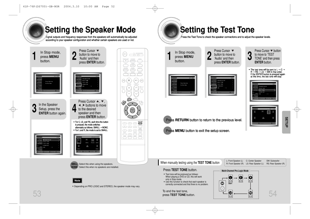 Samsung HTDS900RH/EDC Setting the Speaker Mode, Setting the Test Tone, In Stop mode, press MENU button, to move to ‘TEST 