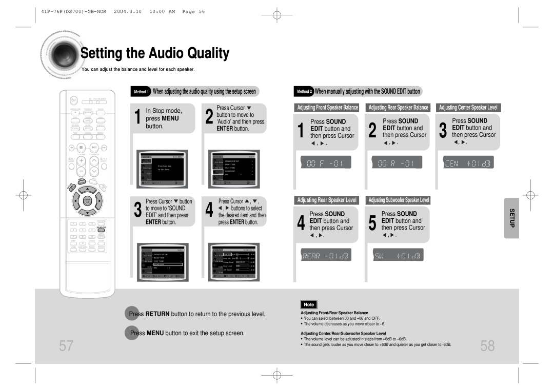 Samsung HTDS900RH/EDC Setting the Audio Quality, press MENU, Press SOUND 1 EDIT button and then press Cursor, ENTER button 