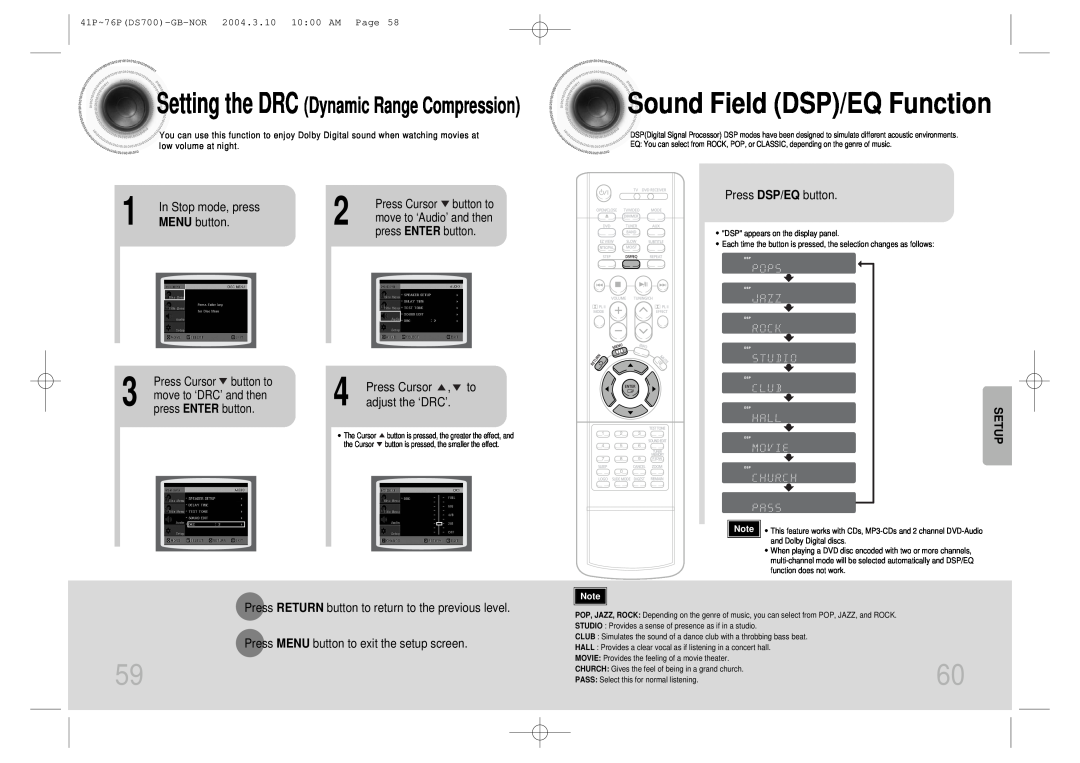 Samsung HTDS900RH/XFO Sound Field DSP/EQ Function, Setting the DRC Dynamic Range Compression, Stop mode, press, Setup 