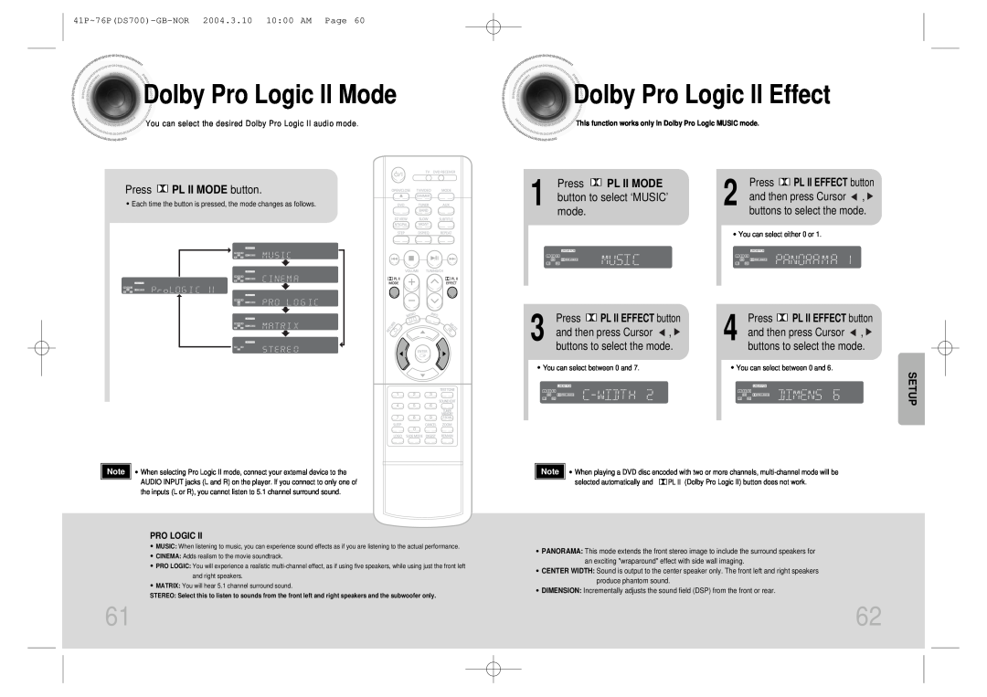 Samsung HTDS900RH/EDC Dolby Pro Logic II Mode, Dolby Pro Logic II Effect, Press PL II MODE button, and then press Cursor 