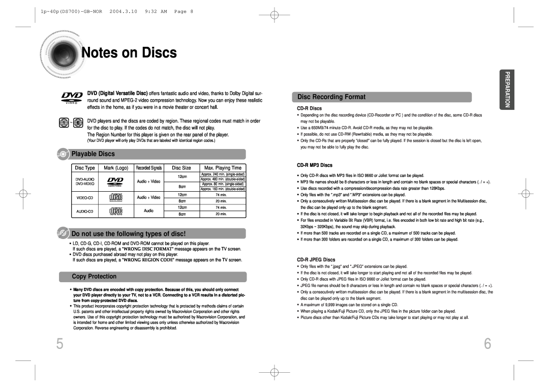 Samsung HTDS900RH/EDC Notes on Discs, Playable Discs, Do not use the following types of disc, Disc Recording Format, 1 ~ 