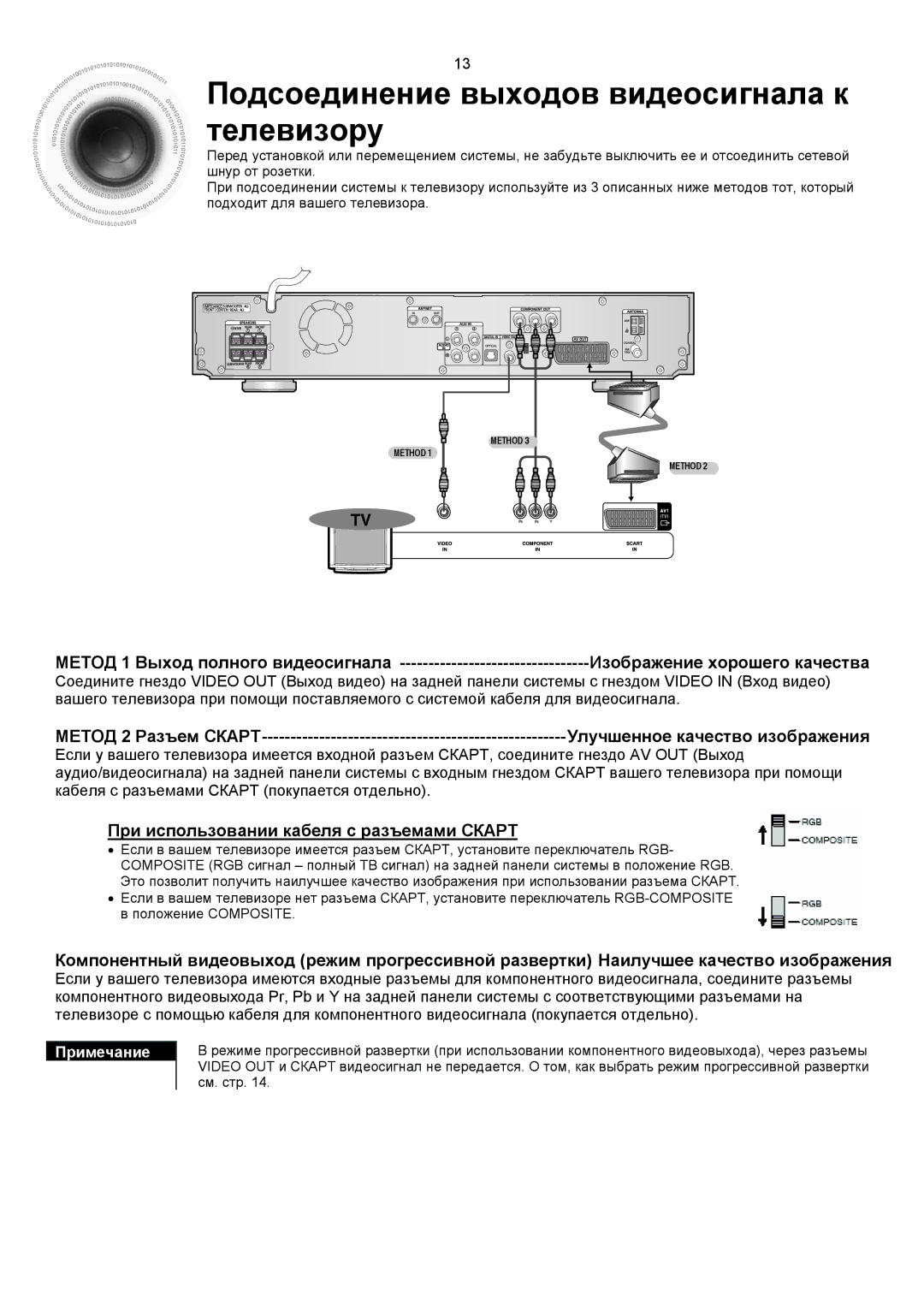 Samsung HTDS900RH/XFO manual Подсоединение выходов видеосигнала к телевизору, При использовании кабеля с разъемами Скарт 