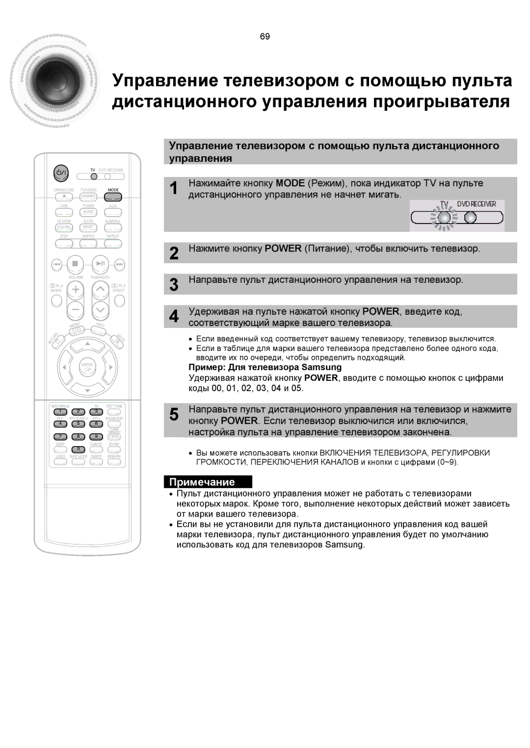 Samsung HTDS900RH/XFO Нажимайте кнопку Mode Режим , пока индикатор TV на пульте, Соответствующий марке вашего телевизора 