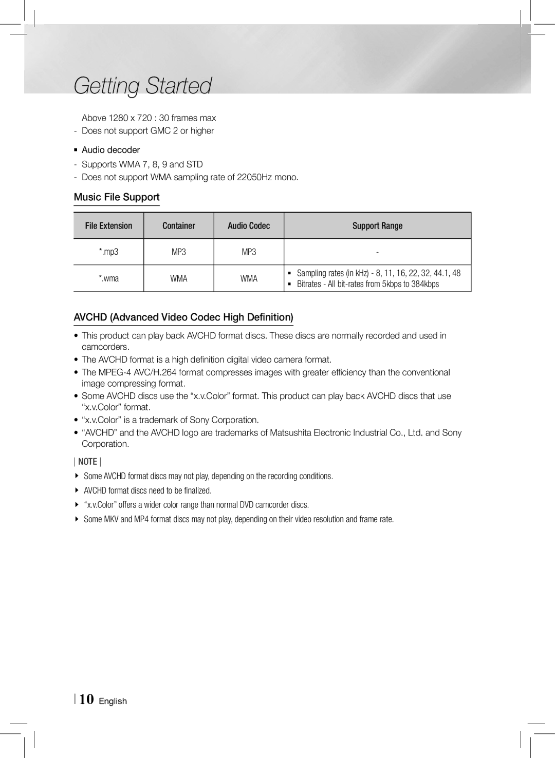 Samsung HTE3500ZA user manual Music File Support, File Extension Container Audio Codec Support Range 