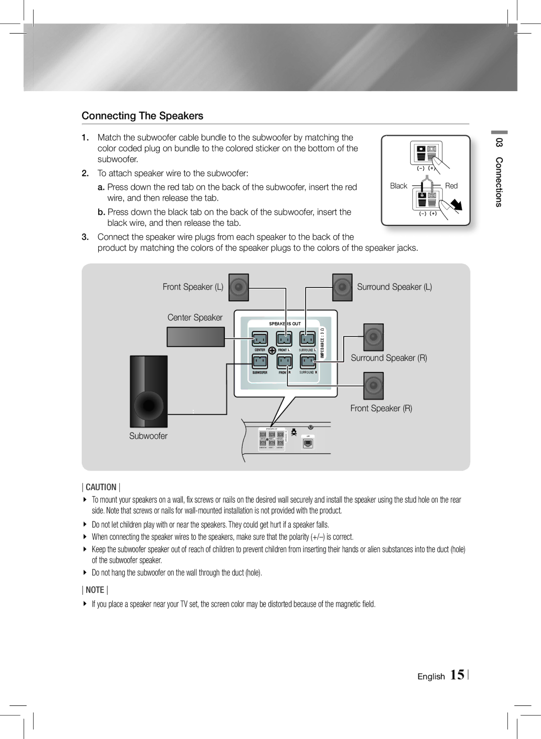 Samsung HTE3500ZA user manual Connecting The Speakers, Front Speaker L Center Speaker, Subwoofer 