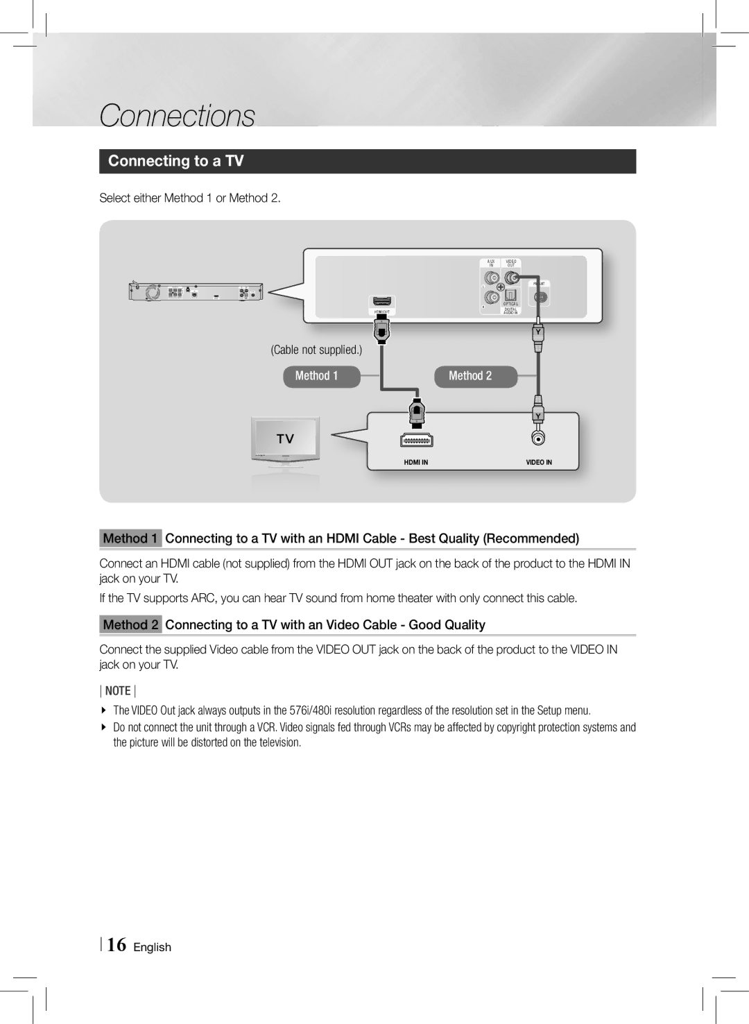 Samsung HTE3500ZA user manual Connecting to a TV, Select either Method 1 or Method 