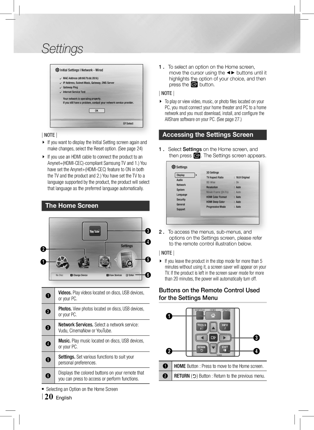 Samsung HTE3500ZA Home Screen, Accessing the Settings Screen, Buttons on the Remote Control Used for the Settings Menu 