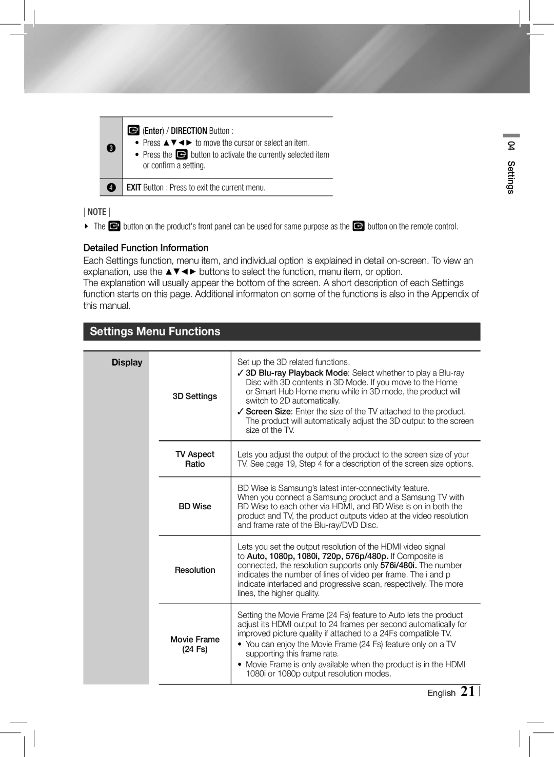 Samsung HTE3500ZA user manual Settings Menu Functions, Display 