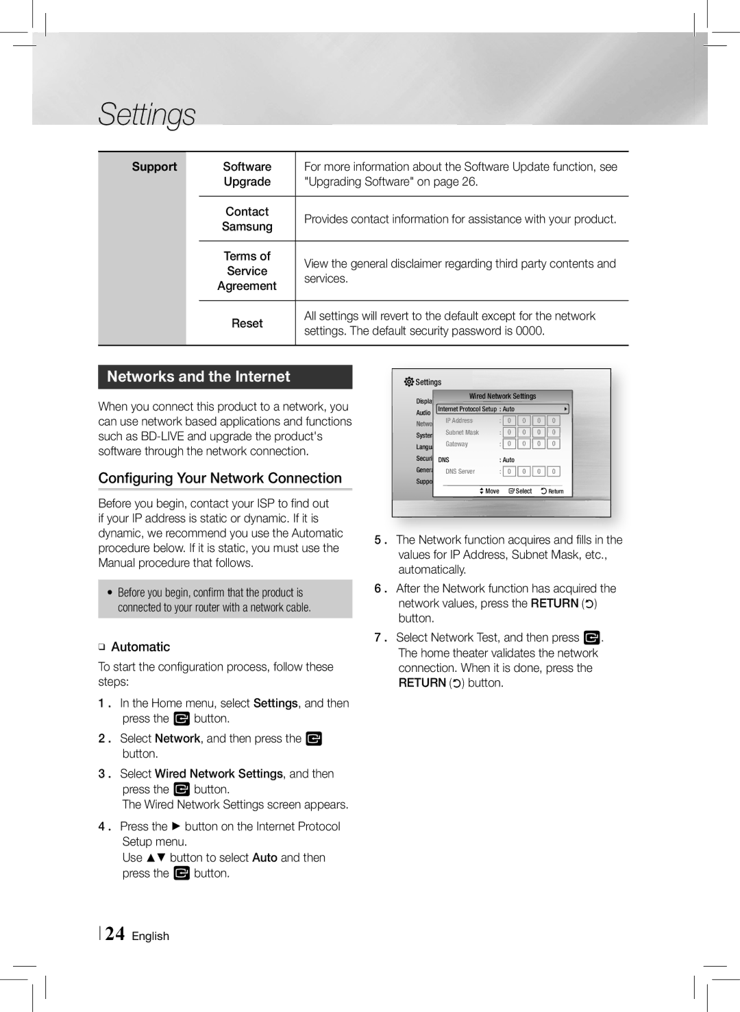 Samsung HTE3500ZA user manual Networks and the Internet, Configuring Your Network Connection, Support 