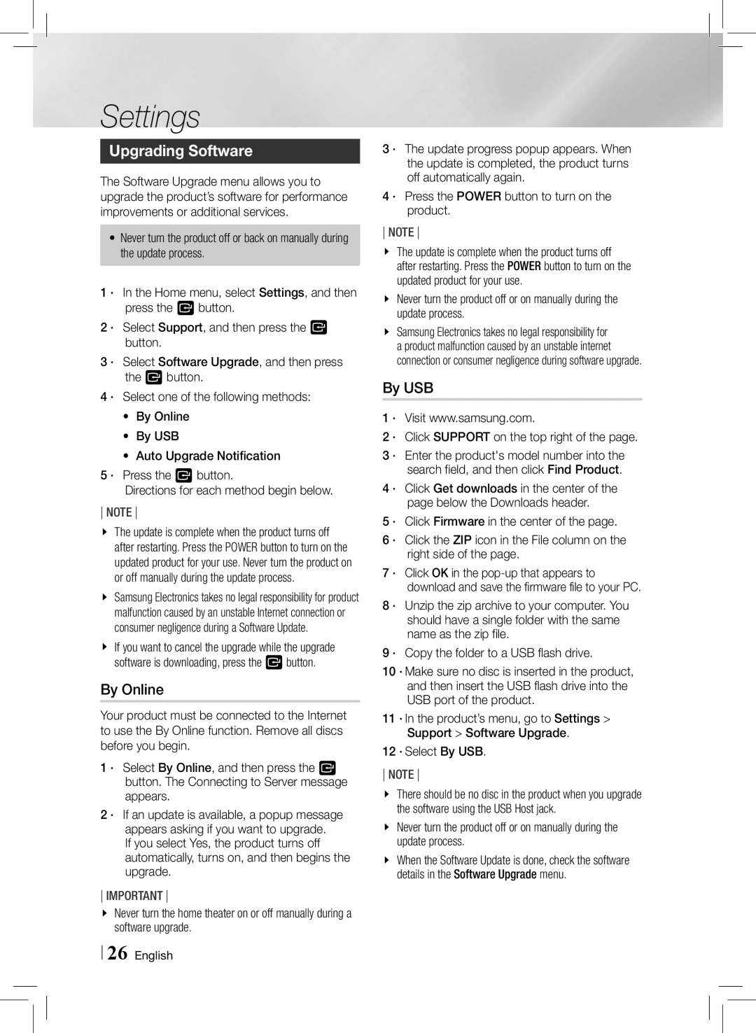 Samsung HTE3500ZA user manual Upgrading Software, By Online,  · Click Support on the top right, 12 · Select By USB 