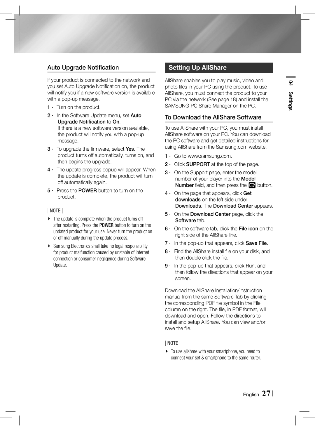 Samsung HTE3500ZA user manual Auto Upgrade Notification, Setting Up AllShare, To Download the AllShare Software 