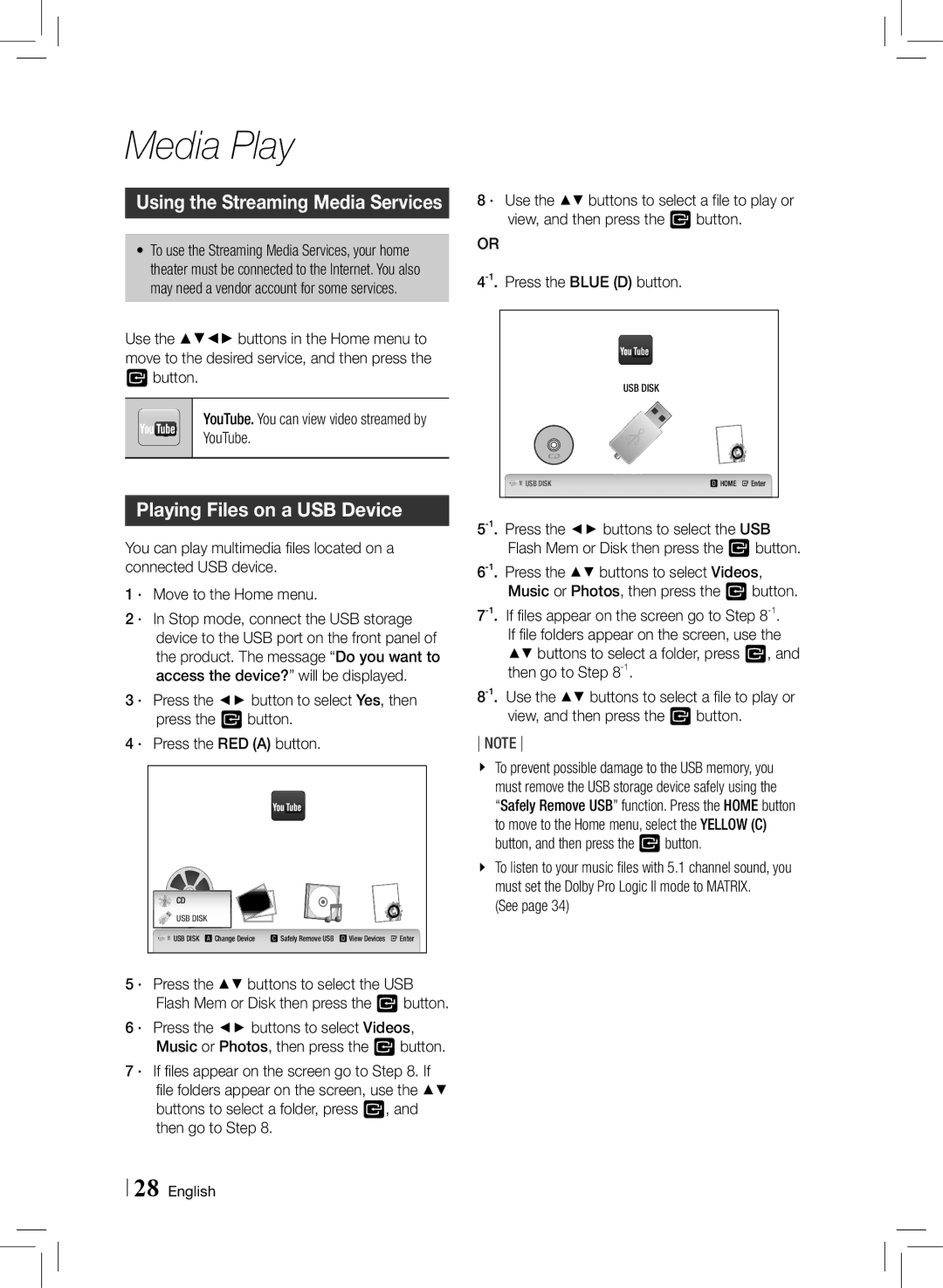 Samsung HTE3500ZA user manual Media Play, Using the Streaming Media Services, Playing Files on a USB Device 