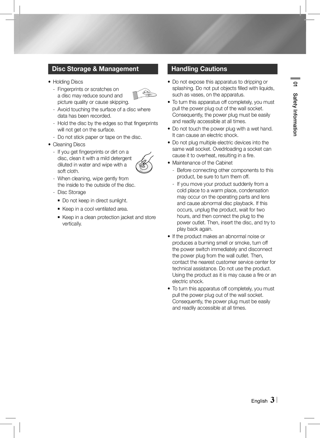 Samsung HTE3500ZA user manual Disc Storage & Management, Handling Cautions, Holding Discs Fingerprints or scratches on 