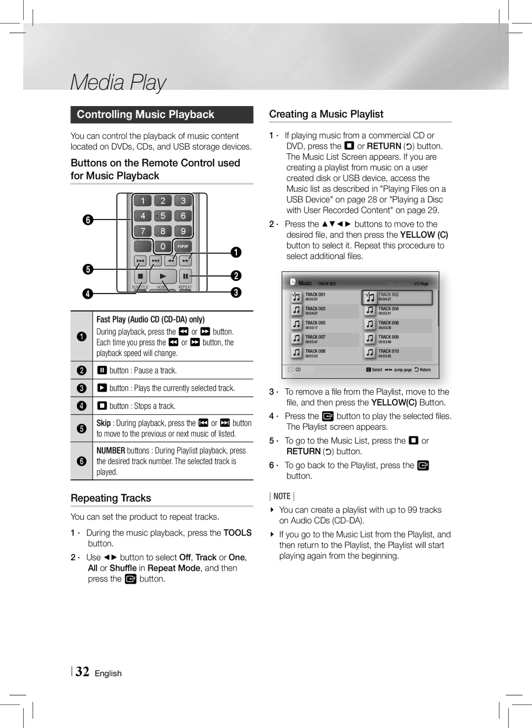 Samsung HTE3500ZA Controlling Music Playback, Buttons on the Remote Control used for Music Playback, Repeating Tracks 