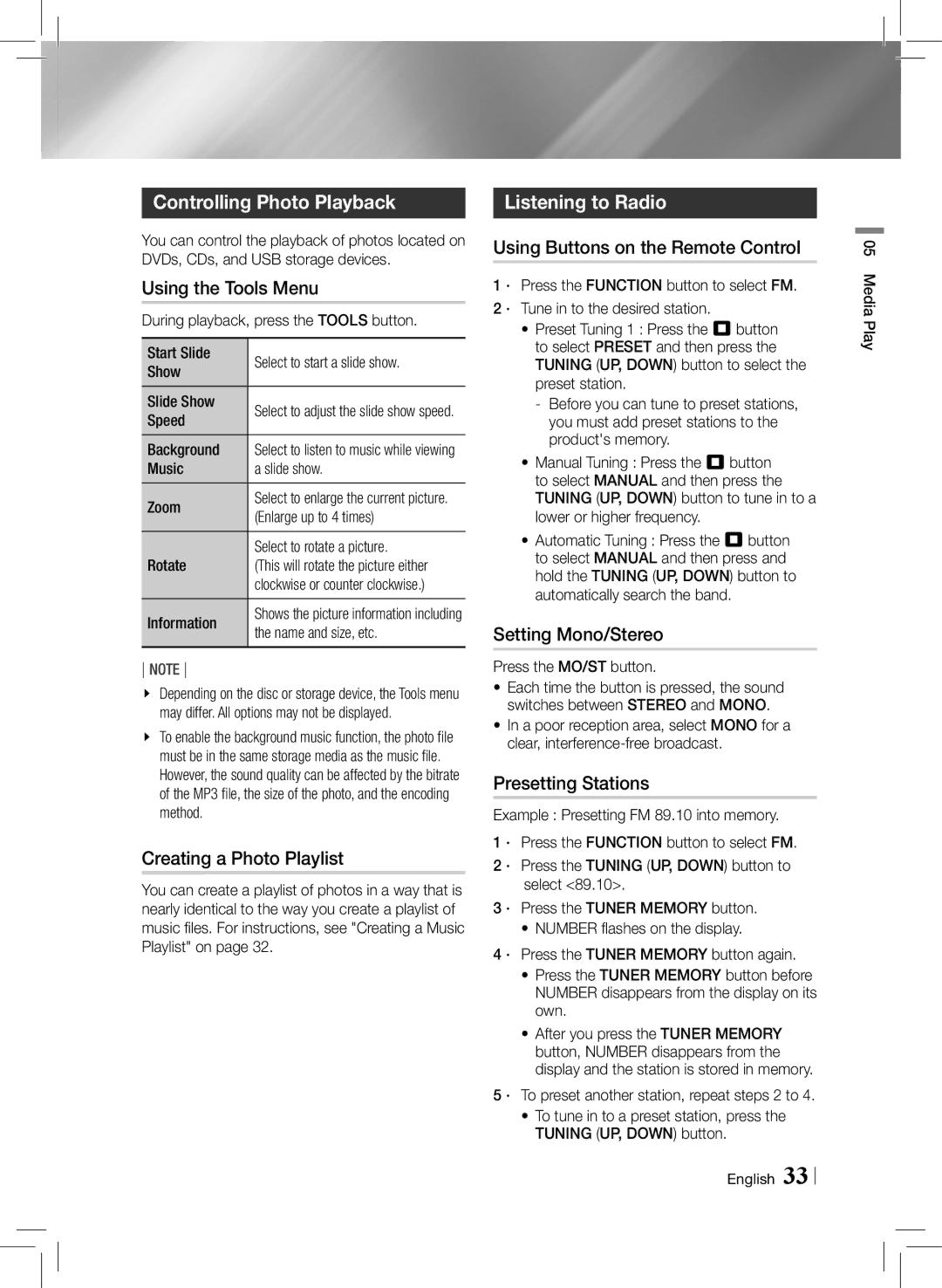 Samsung HTE3500ZA user manual Controlling Photo Playback, Listening to Radio 