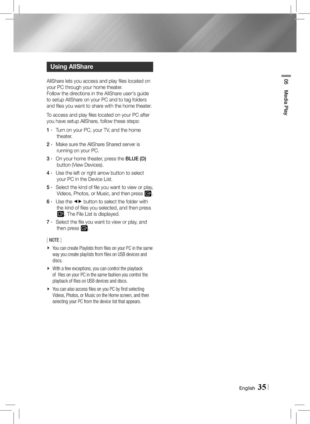 Samsung HTE3500ZA user manual Using AllShare 