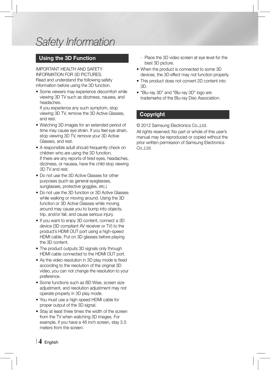 Samsung HTE3500ZA user manual Using the 3D Function, Copyright, This product does not convert 2D content into 3D 