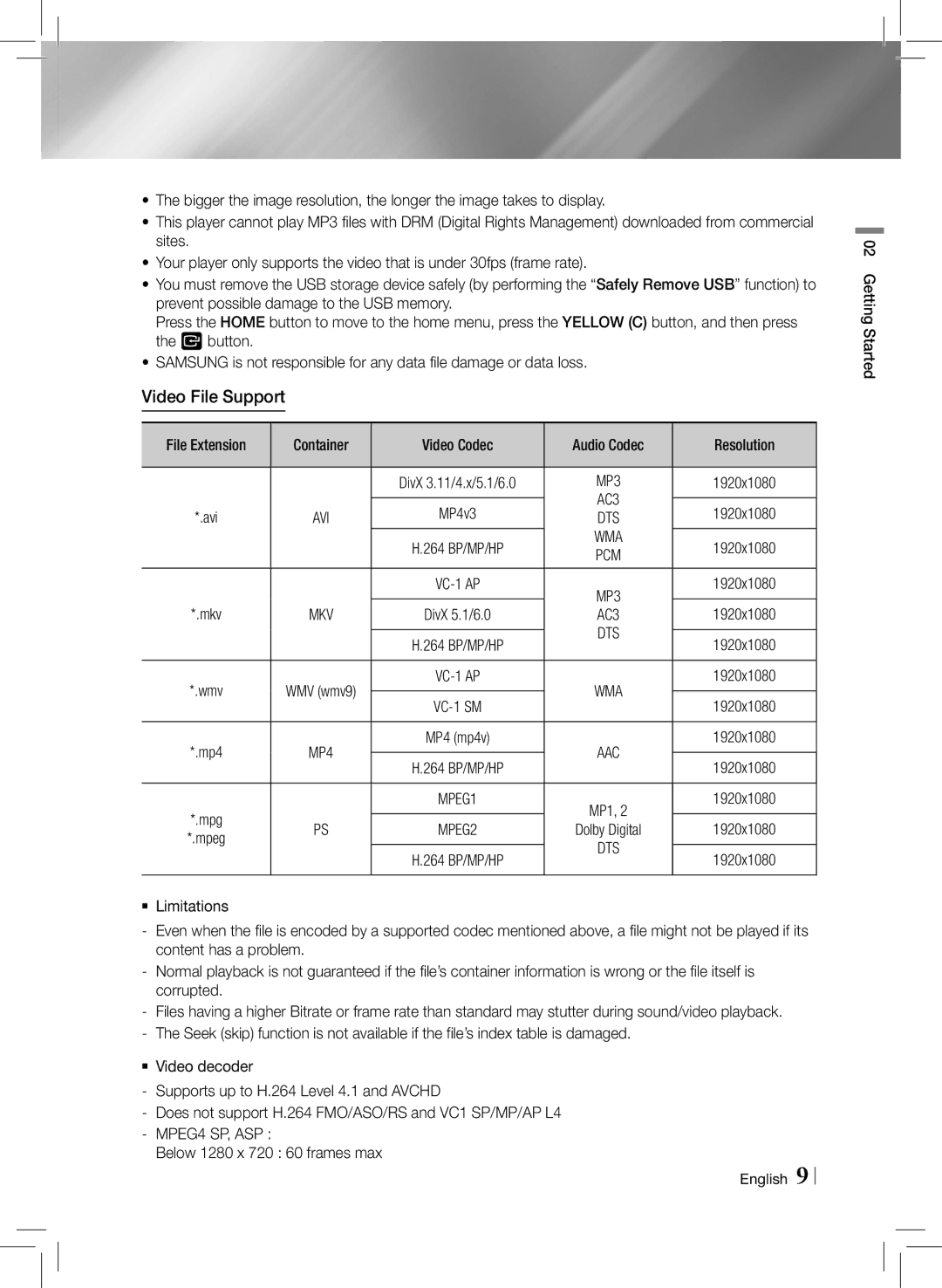 Samsung HTE3500ZA user manual File Extension Container Video Codec Audio Codec Resolution, 1920x1080, Wma 