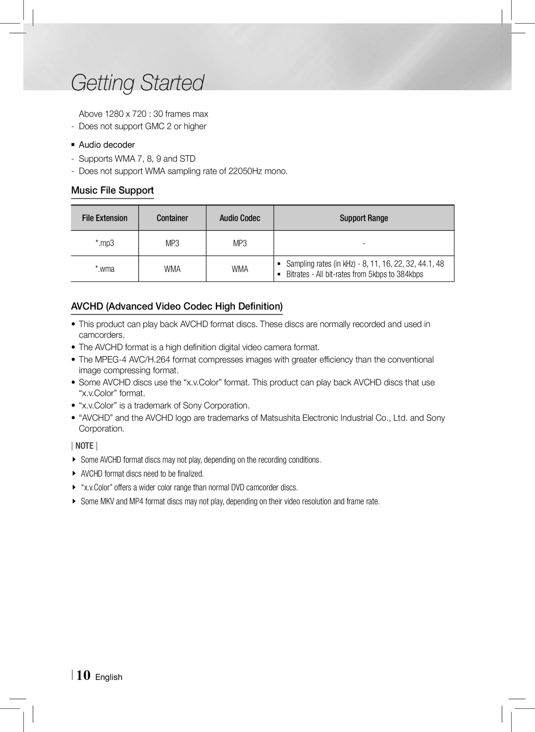 Samsung HTE3500ZA user manual Music File Support, AVCHD Advanced Video Codec High Definition, Getting Started 