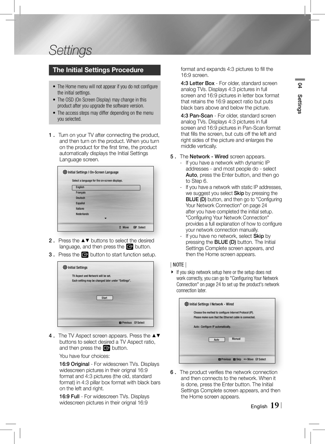 Samsung HTE3500ZA user manual The Initial Settings Procedure 