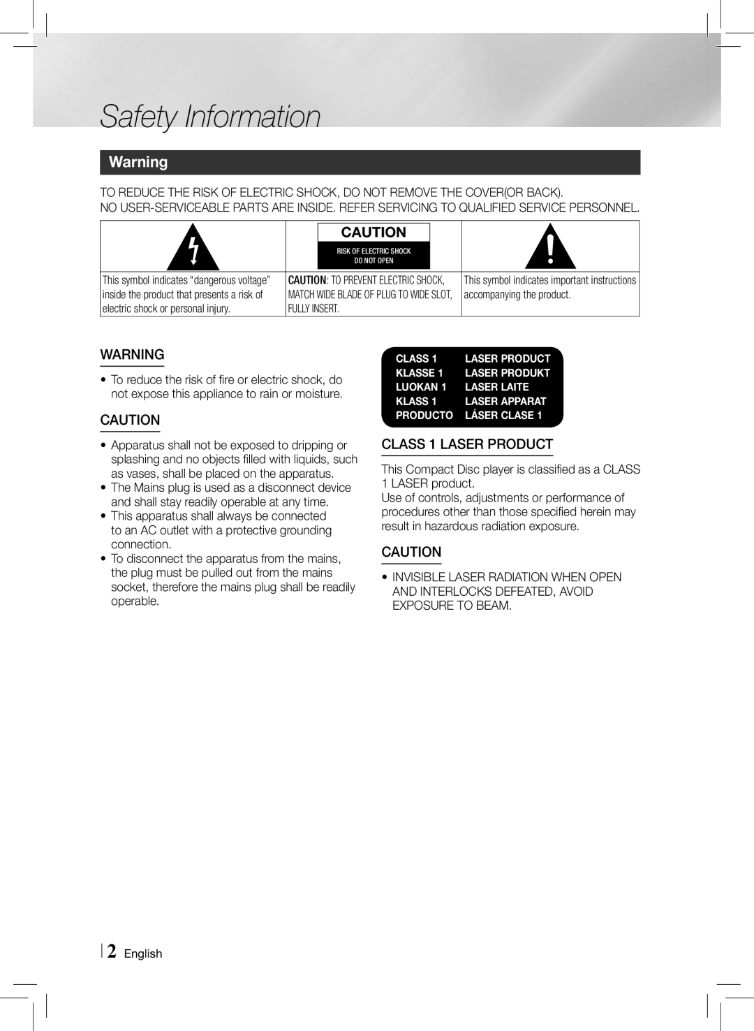 Samsung HTE3500ZA user manual Safety Information, CLASS 1 LASER PRODUCT 
