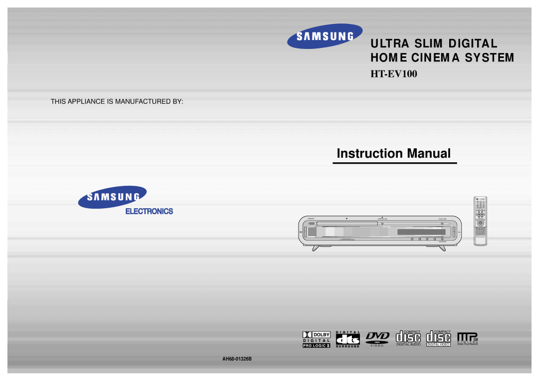 Samsung HT-EV100, HTEV100RH/ELS manual Ultra Slim Digital Home Cinema System, AH68-01326B 