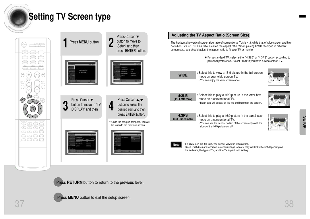 Samsung HTEV100RH/ELS, HT-EV100 manual Adjusting the TV Aspect Ratio Screen Size, Press Menu button, 43LB, 43PS 