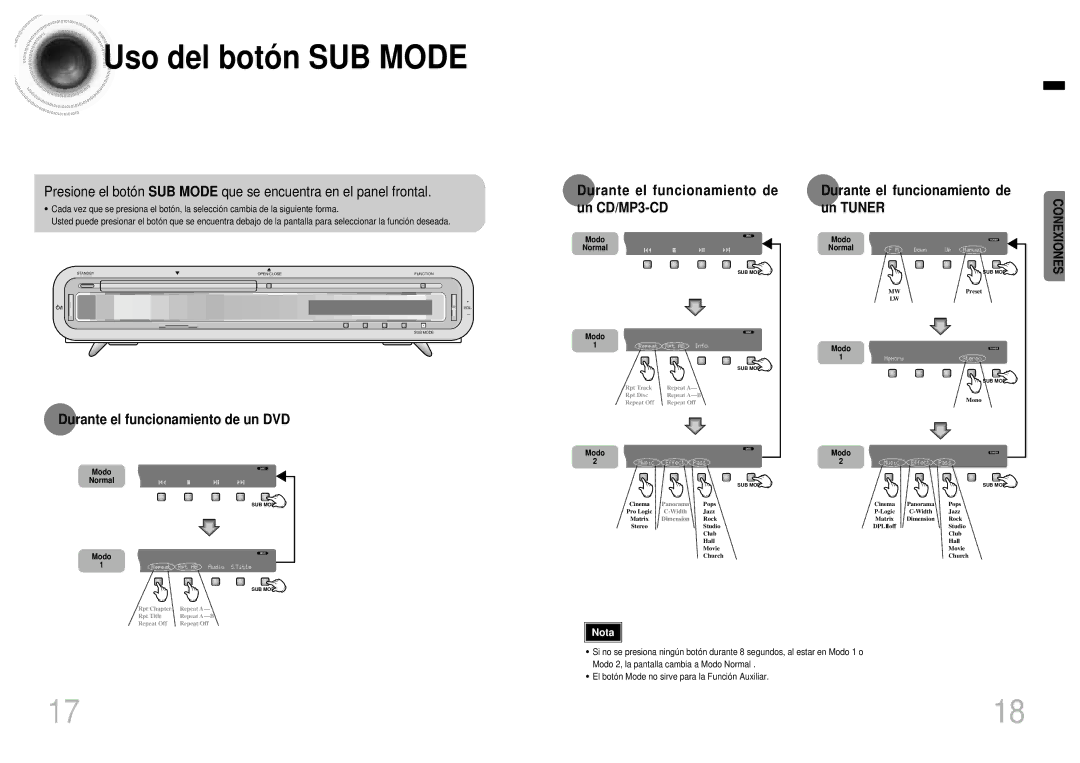 Samsung HTEV100RH/ELS, HT-EV100 manual Uso del botó n SUB Mode, Durante el funcionamiento de un Tuner 