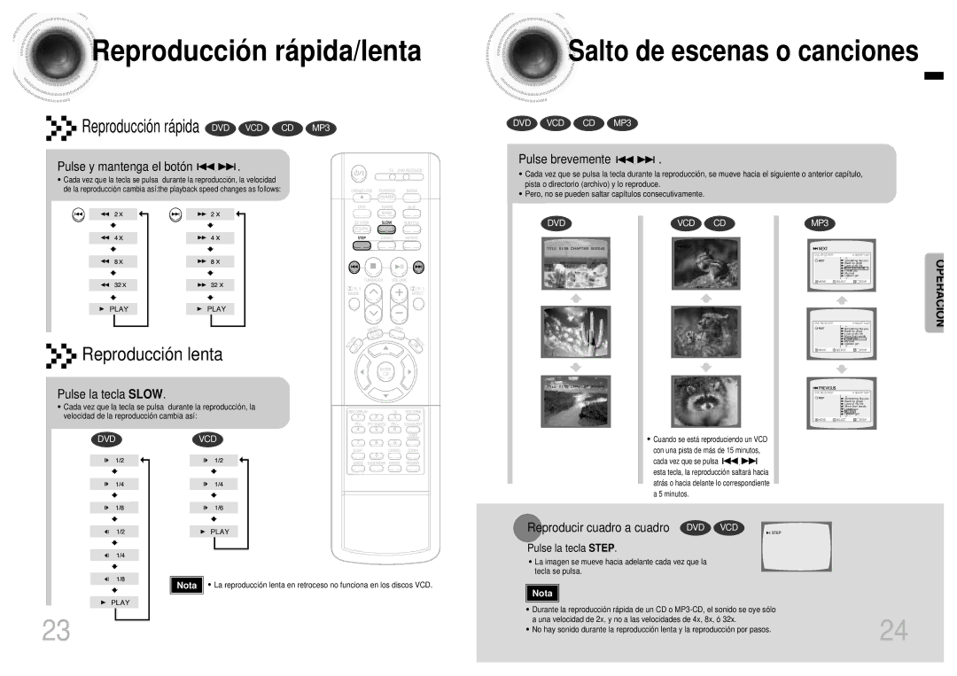 Samsung HT-EV100, HTEV100RH/ELS manual Reproducció n rá pida/lenta, Salto de escenas o canciones 