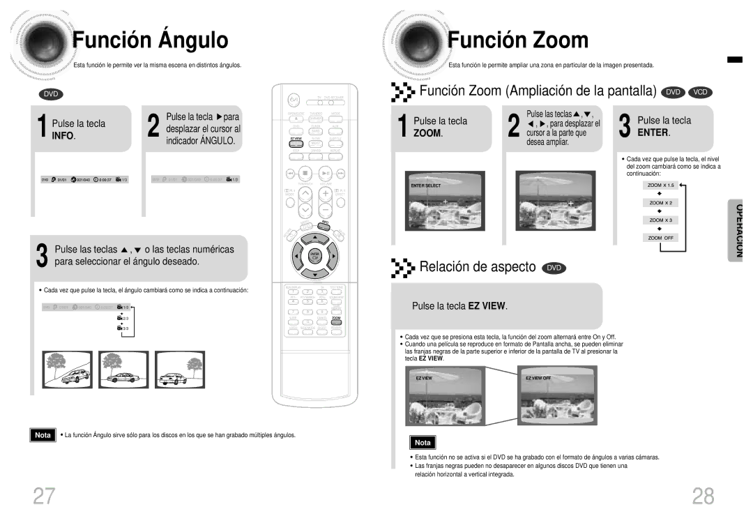 Samsung HT-EV100, HTEV100RH/ELS manual Funció n Á ngulo, Funció n Zoom, Pulse la tecla EZ View 