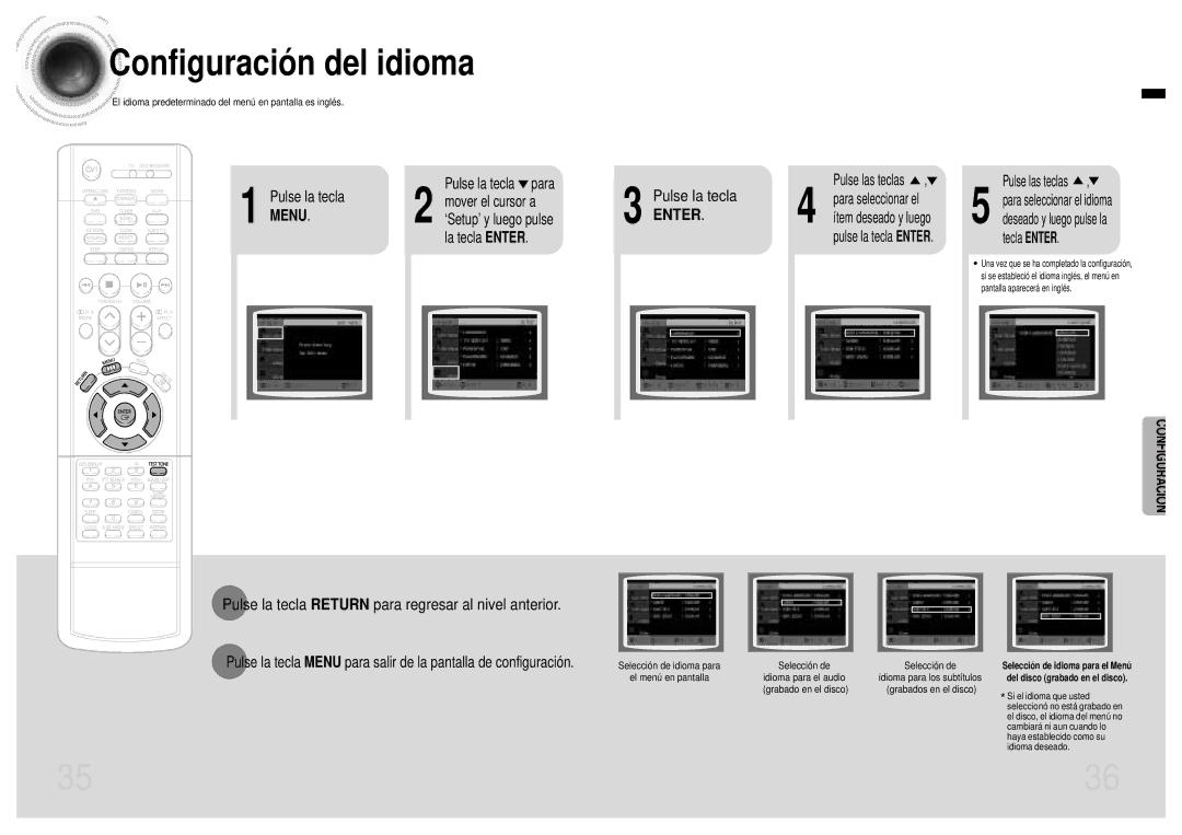 Samsung HT-EV100, HTEV100RH/ELS manual Configuración del idioma, Pulse la tecla Return para regresar al nivel anterior, Menu 