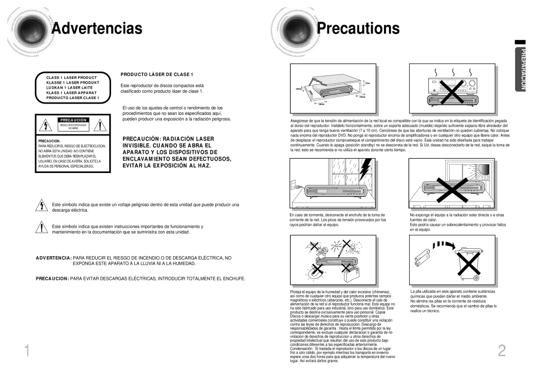 Samsung HTEV100RH/ELS, HT-EV100 manual Advertencias Precautions, Precaucion 