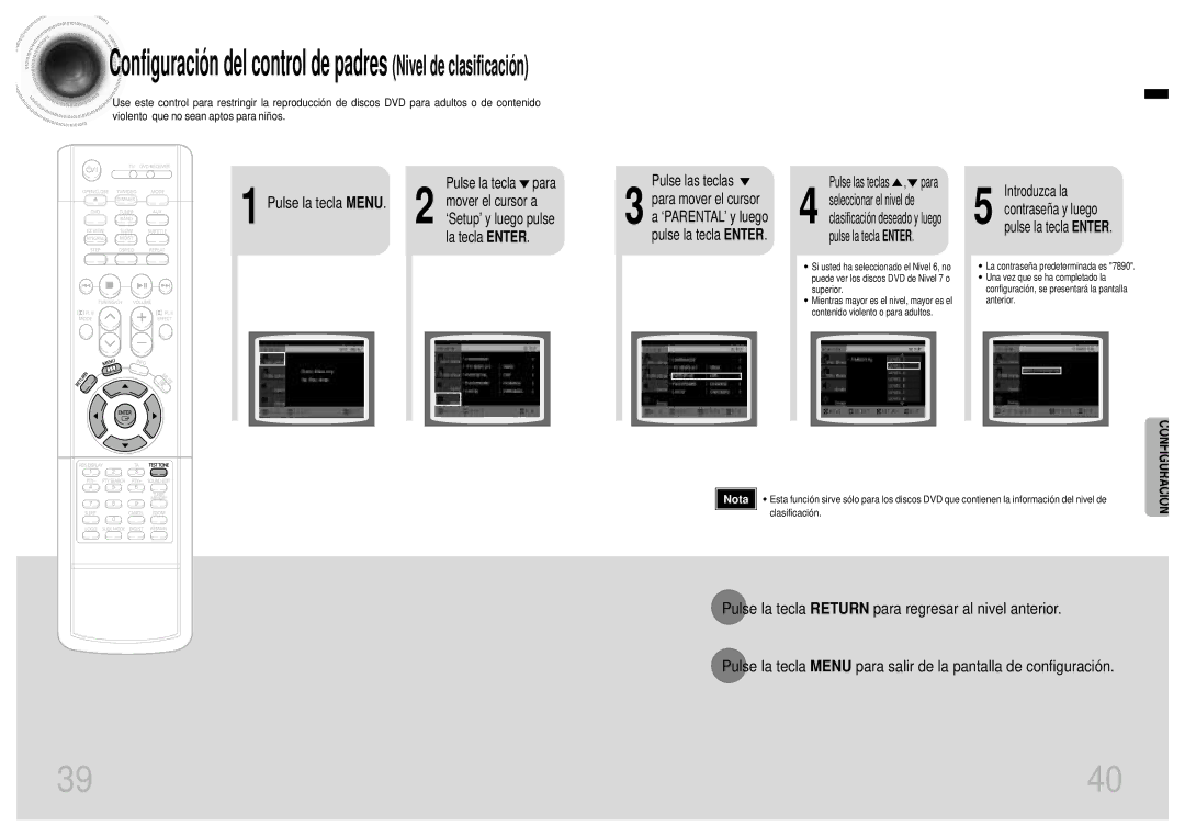 Samsung HT-EV100 manual Pulse las teclas, Para mover el cursor, ‘PARENTAL’ y luego, Introduzca la, Contraseña y luego 