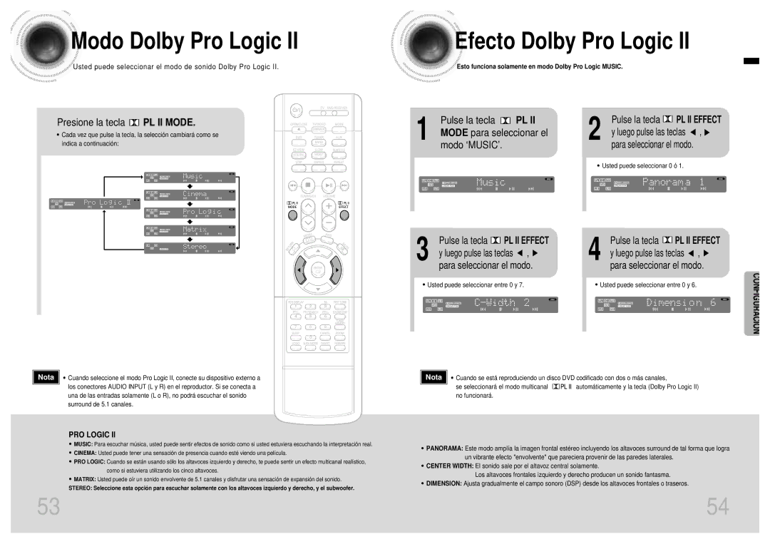 Samsung HTEV100RH/ELS Modo Dolby Pro Logic, Efecto Dolby Pro Logic, Presione la tecla PL II Mode, Para seleccionar el modo 