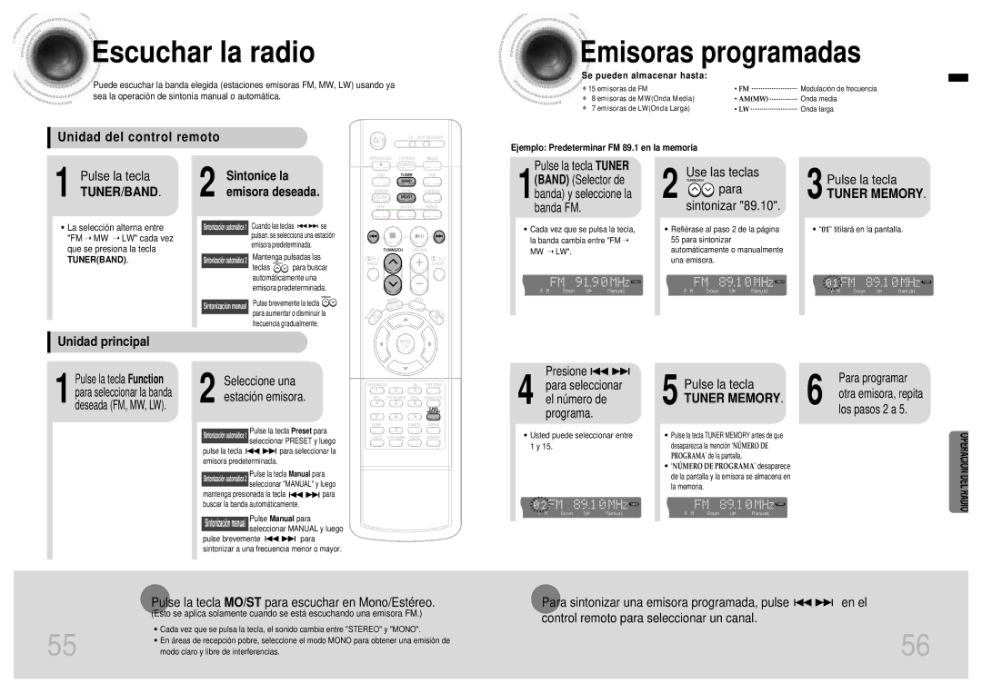 Samsung HT-EV100, HTEV100RH/ELS Escuchar la radio, Emisoras programadas, Operació N DEL Radio, Unidad del control remoto 