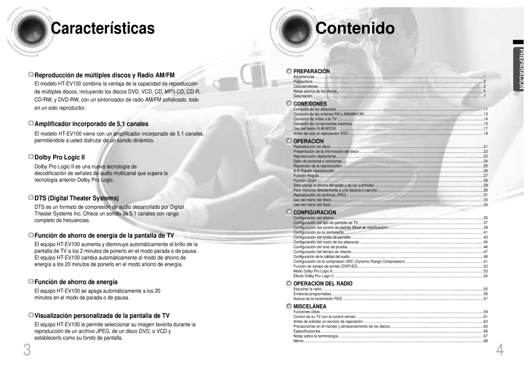 Samsung HT-EV100, HTEV100RH/ELS manual Características 