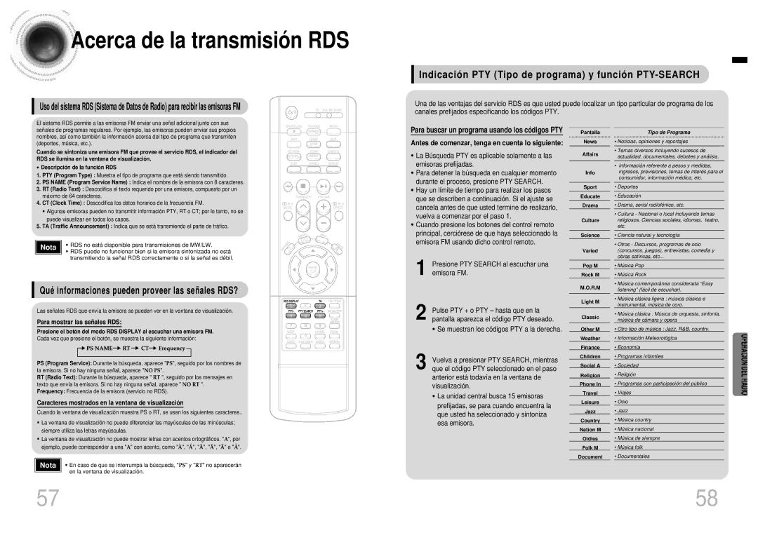 Samsung HTEV100RH/ELS, HT-EV100 manual Acerca de la transmisió n RDS, Indicació n PTY Tipo de programa y funció n PTY-SEARCH 