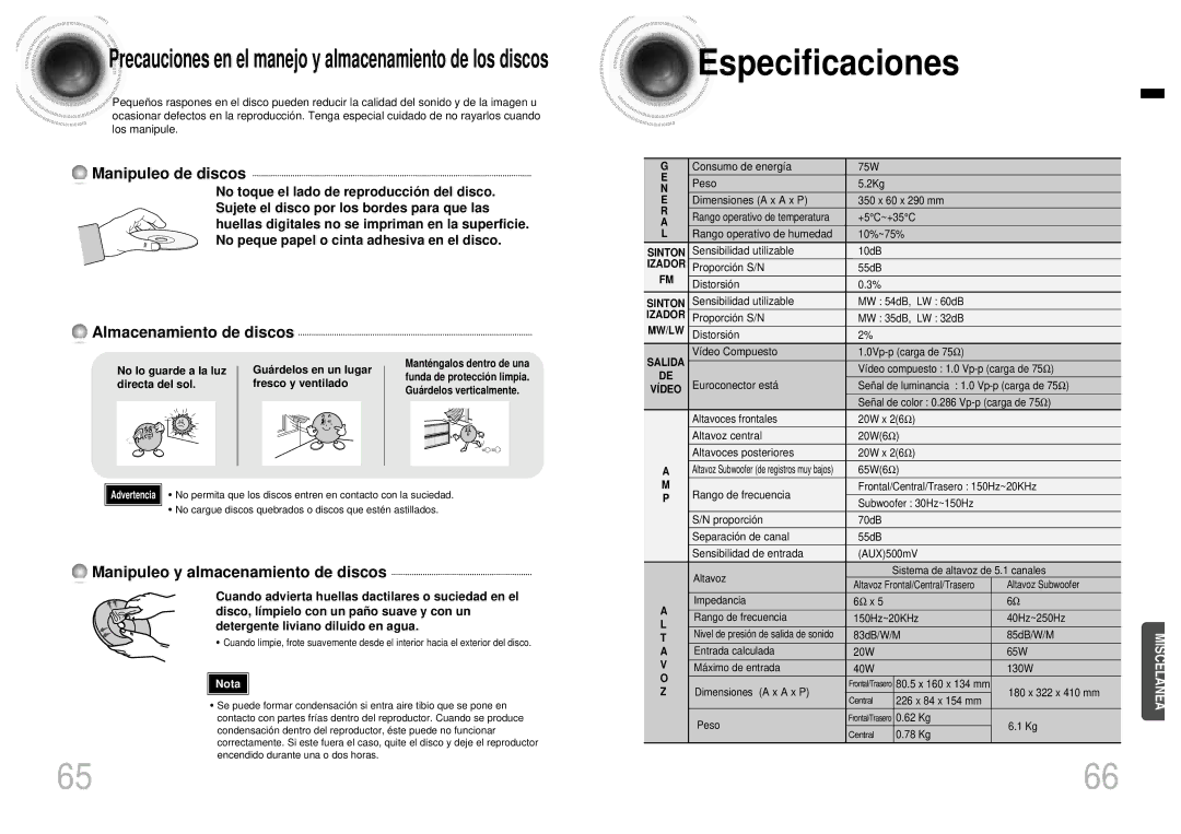 Samsung HTEV100RH/ELS Especificaciones, No lo guarde a la luz Guá rdelos en un lugar, Directa del sol Fresco y ventilado 