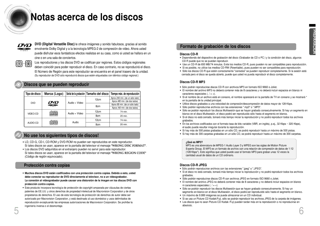 Samsung HTEV100RH/ELS, HT-EV100 manual Notas acerca de los discos, Protecció n contra copias 