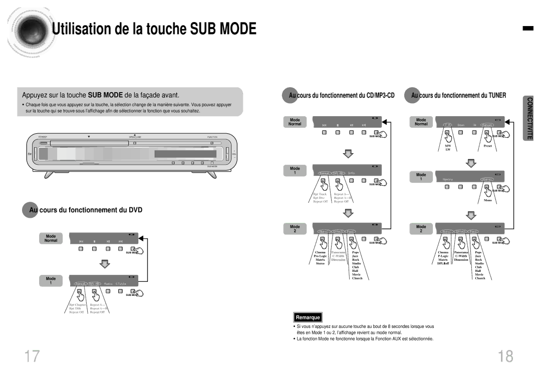 Samsung HTEV100RH/ELS manual Appuyez sur la touche SUB Mode de la façade avant, Au cours du fonctionnement du DVD 