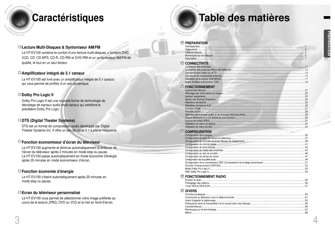 Samsung HTEV100RH/ELS manual Caractéristiques 