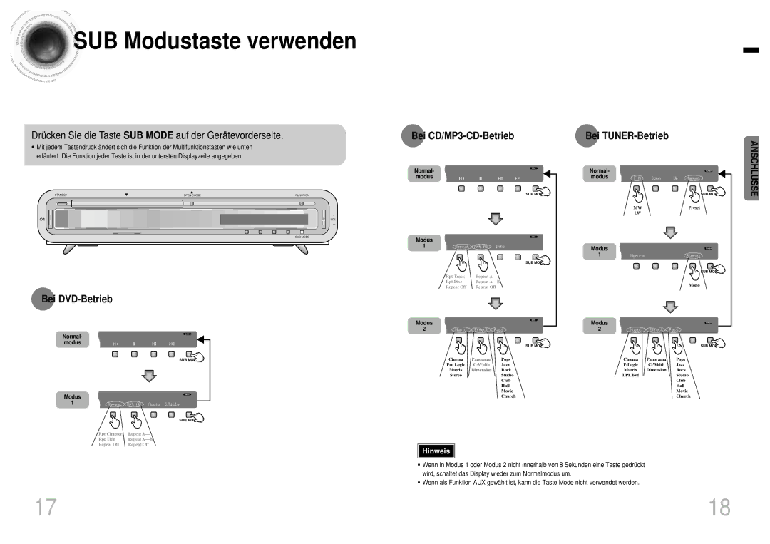 Samsung HTEV100RH/ELS manual SUB Modustaste verwenden, Sse, Bei TUNER-Betrieb, Bei DVD-Betrieb 