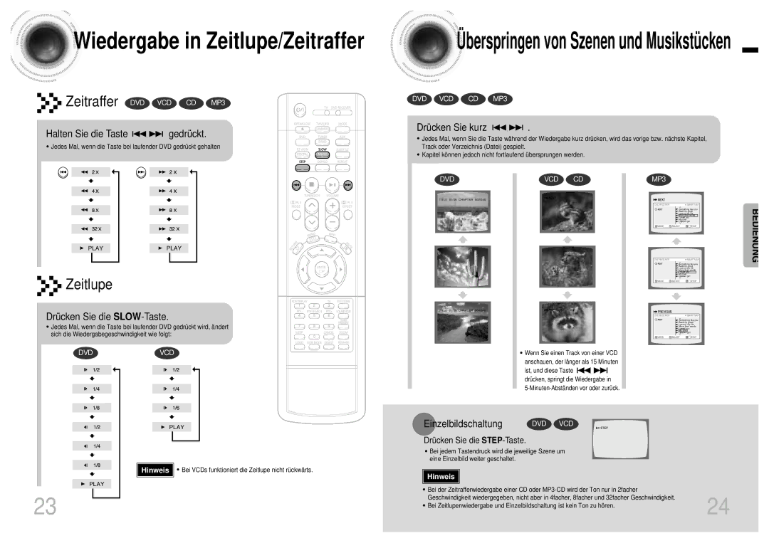 Samsung HTEV100RH/ELS manual Wiedergabe in Zeitlupe/Zeitraffer, Berspringen von Szenen und Musikstü cken, Drücken Sie kurz 