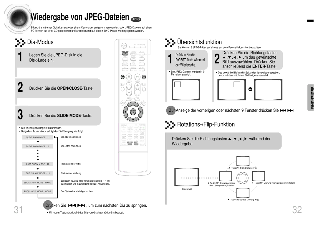 Samsung HTEV100RH/ELS manual Legen Sie die JPEG-Disk in die, Disk-Lade ein, Drücken Sie die OPEN/CLOSE-Taste 