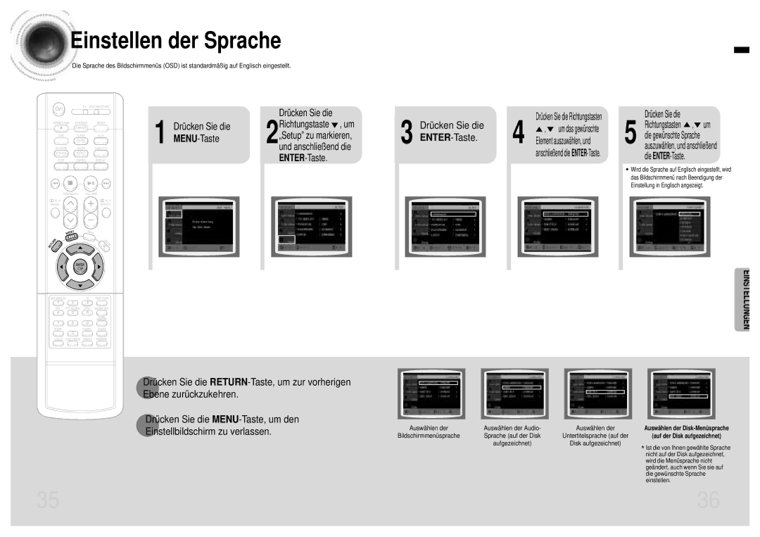 Samsung HTEV100RH/ELS manual Einstellungen, Drücken Sie die MENU-Taste, Auswählen der Disk-Menüsprache 