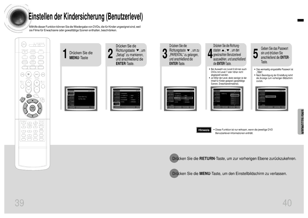 Samsung HTEV100RH/ELS manual Einstellen der Kindersicherung Benutzerlevel 