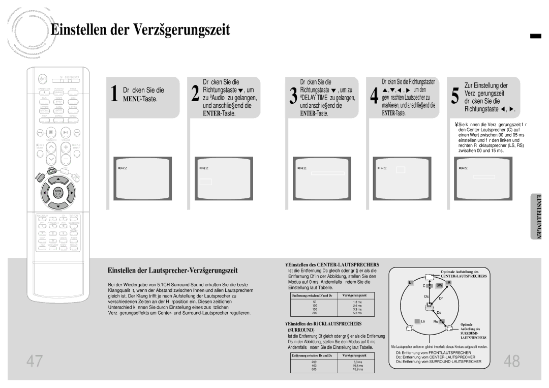 Samsung HTEV100RH/ELS manual Einstellen der Verzögerungszeit, Einstellen des CENTER-LAUTSPRECHERS 