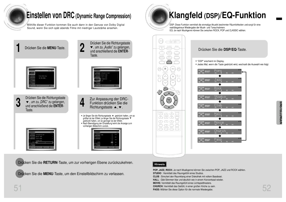 Samsung HTEV100RH/ELS manual Drücken Sie die DSP/EQ-Taste, Drücken Sie die Richtungstaste, Um zu „Audio zu gelangen 