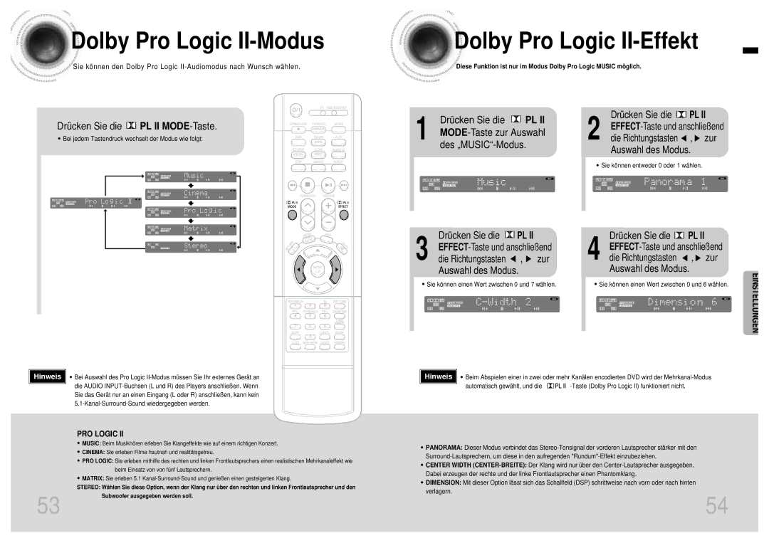 Samsung HTEV100RH/ELS manual Dolby Pro Logic II-Modus, Dolby Pro Logic II-Effekt 